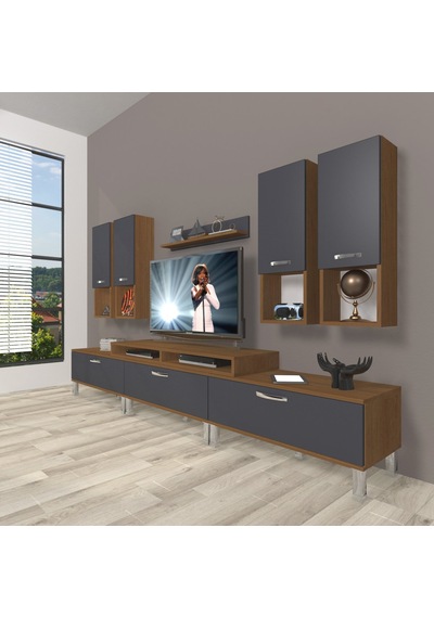 Decoraktiv Ekoflex 8da Mdf Krom Ayaklı Tv Ünitesi Tv Sehpası Ceviz - Antrasit