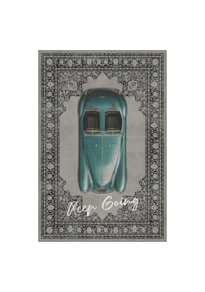 Retro 106 Gri Mavi Vintage Retro Araba Figürlü Keep Going Tasarım Halı Salon Oturma Ev Oda Halısı Gri - Mavi