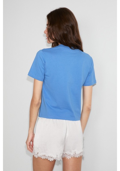 ETHIQUET Ethıquet Algher Kadın Baskı Desenli Kısa Kollu Organik Pamuklu Bisiklet Yaka Crop Mavi T-shirt