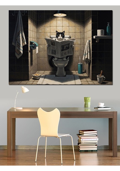 Gazete Okuyan Kedi Banyo Tablosu Dekoratif Kanvas - Mdf Ahşap Tablo