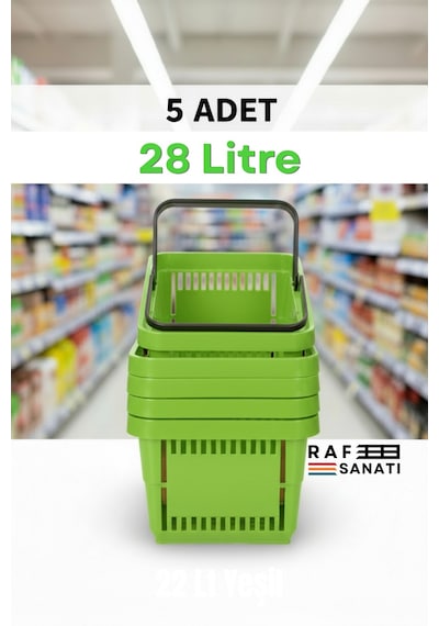 5 Adet - 28 Litre Plastik Market Alışveriş Sepeti Saplı Dayanıklı Market Mağaza El Sepeti Yeşil