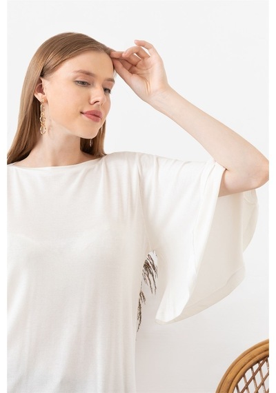 Aqe Fashion Kadın Beyaz Kolu Volanlı Kayık Yaka Bluz-Beyaz