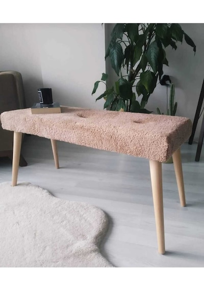Ahşap Ayaklı Handmade Geniş Oturum Alanlı Welsoft Kumaş Pofidik Puf Bench ,ayak Ucu Uzatmalık Kahverengi
