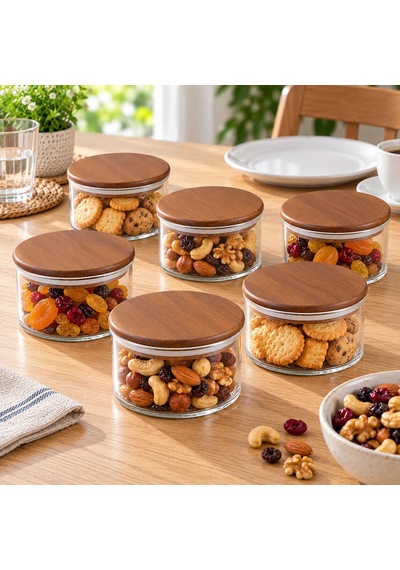 Akasya Kapaklı Cam Kavanoz 450 Ml- Altılı Set Kahverengi