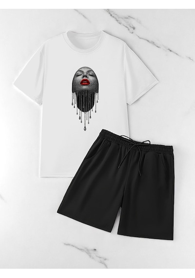 Uyguntarz Unisex Pırlantalı Kadın Portresi Tasarım Basklı Tshirt Şort Takımı Beyaz