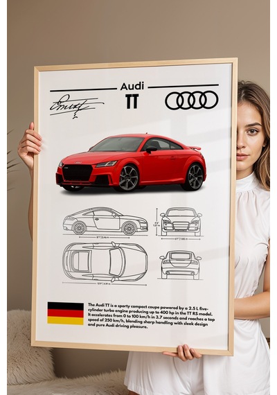 Audi Tt Tablo - Teknik Özellikli Alman Spor Coupe Poster - Çerçeveli Duvar Dekoru - Araba Blueprint Kayın