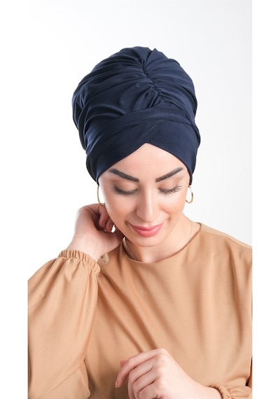 Hürrem Bone Lacivert Pratik Hazır Geçmeli Tesettür Bone Sandy Kumaş Büzgülü 2 Lacivert