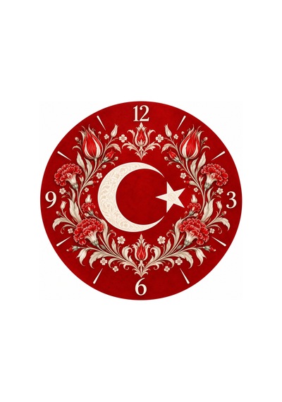 Türk Bayraklı Ay Yıldız Desenli 45 Cm Ahşap Sessiz Akar Mekanizmalı Uv Baskılı Dekoratif Duvar Saati Hediyelik 1078 Çok Renkli