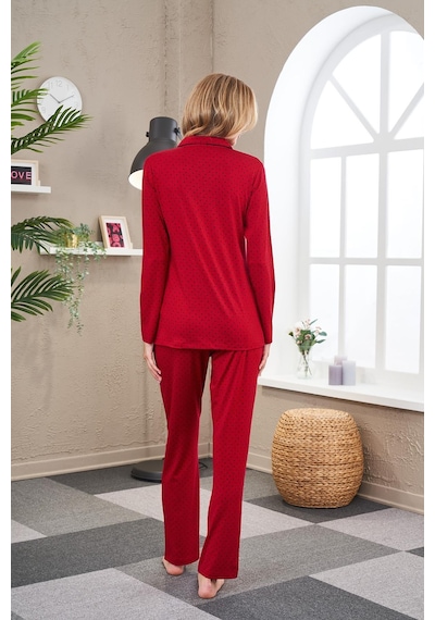 Pjs 23523 Kadın Puanlı Düğmeli Pijama Takım Bordo