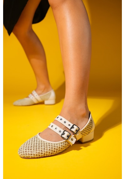Luvishoes Luvi Shoes Lapıs Bej Hasır Kadın Kısa Topuklu Ayakkabı Bej