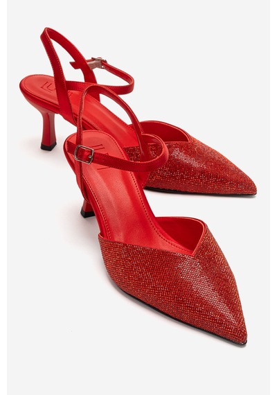 Luvishoes Nıvora Kırmızı Saten Taşlı Kadın İnce Topuklu Abiye Ayakkabı