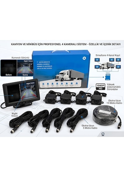 Mega Oto Market 4 Kameralı 7" Ekranlı Araç Kayıt Sistemi Minibüs & Kamyon Uyumlu 12-24v Hd Ekran