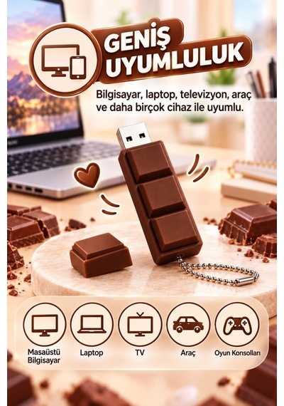 Usb Flash Bellek 64gb Çikolata Görünümlü Anahtarlıklı Usb Drive Usb02 Kahverengi