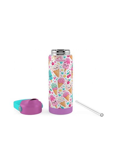 Puccon 540 Ml Renkli Dondurma Desenli Pembe Kız Çocuk Pipetli Çelik Termos Matara/suluk - 60049