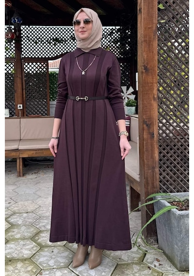 Rabia Şamlı Biricik Kemerli Triko Elbise Acı Kahve Normal
