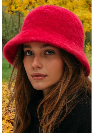 Uniquetrenders Kadın Soft Peluş Ayarlanabilir İpli Bucket Kova Şapka Kırmızı
