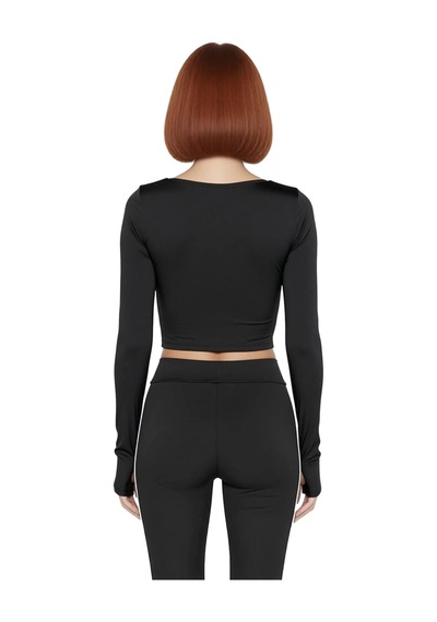 Ersefa Moda Bisiklet Yaka Örme Fit Düz Desen Sportswear Crop Uzun Kol Bl siyah