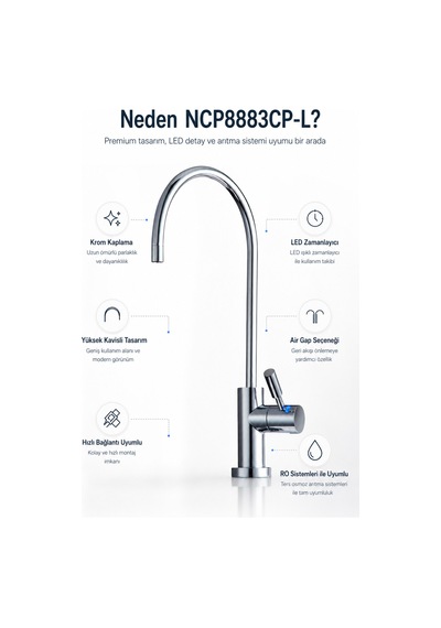 Ncps883cp-l Led Göstergeli Krom Arıtma Musluğu Premium Ro Musluk Gümüş
