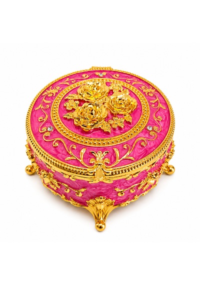 Yuvarlak Renkli Gold İşlemeli Mücevher Kutusu Pembe