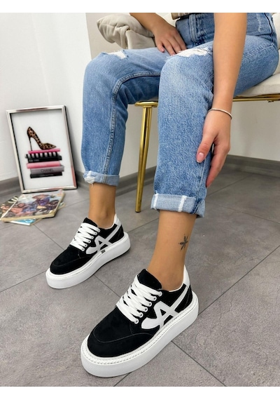 Erva'nın Butiği Siyah Beyaz Tig Kadın Bağcıklı Sneakers-4890 Siyah Beyaz Süet