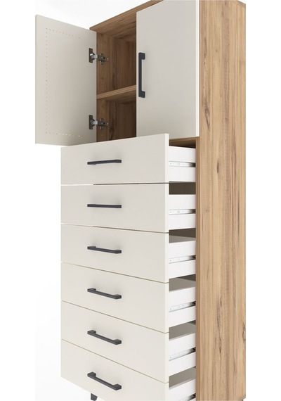 Arges Dolap 2 Raflı 6 Çekmeceli 2 Kapaklı 60x30x163 Çam-aytaşı Çam