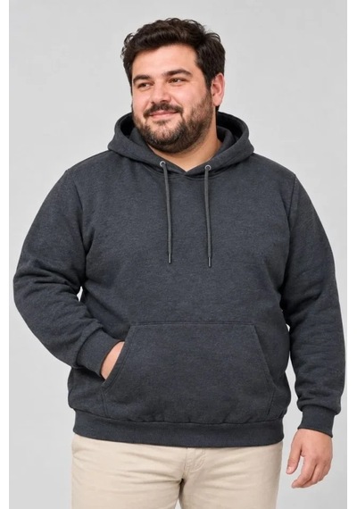 Zennamoda Erkek Battal Büyük Beden Üç İplik İçi Şardonlu Kapüşonlu Kanguru Cepli Kışlık Sweatshirt - Füme