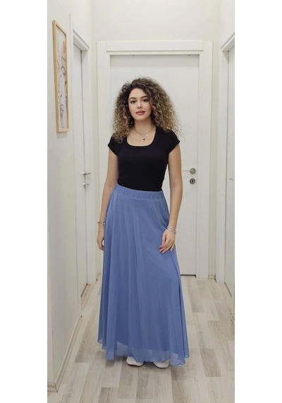 Lodmela Bel Lastikli Kloş Şifon Etek 6003-indigo İndigo