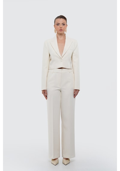 Thalure Kadın Ekru Düğmeli Slim Fit Crop Blazer