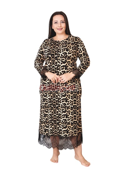 Lady Loepar Desenli Siyah Renkli 7284 Kadın, Uzun Kol Ve Dantel Detaylı Büyük Beden Anne Gecelik, Elbise Leopar