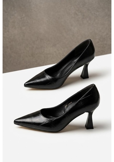 Shoetek Vienatta Kadın Stiletto İnce Topuklu Kroko Desenli Siyah Deri