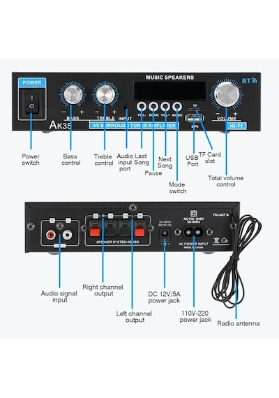 Ak45/ak35 800 W Ev Güç Amplifikatörü 2 Kanal Bluetooth 5.0 Mini Hifi Dijital Ak 35 Eu Plug