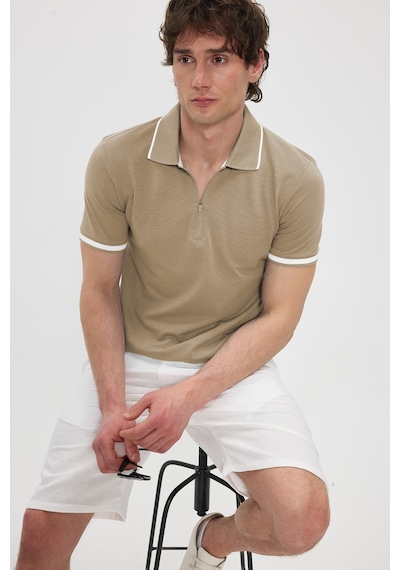 Tudors Erkek Slim Fit Dar Kesim %100 Pamuk Jakarlı Düz Yaka Ve Kol Detaylı Bej Polo Yaka Tişört-50218