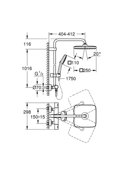 Grohe Tempesta System 250 Cube Duvara Monte Termostatik Bataryalı Duş Sistemi - 26689001 Gümüş