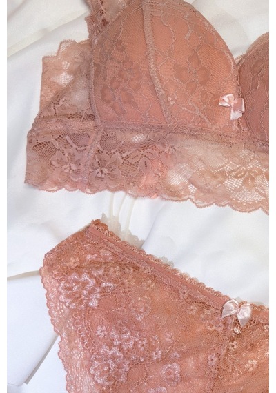 Kadın Üçgen Dantel Bralet Desteksiz Sütyen Takım Pudra