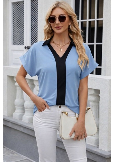 Butik İstanbul Kadın Kısa Kollu V Yakalı Önden Şerit Detaylı Sandy Bluz Mavi