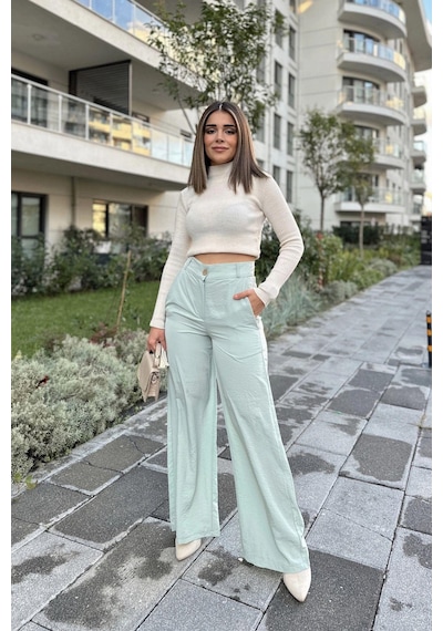 WeShaya Kadın Mint Yüksek Bel, Cepli, Bol Paça Pantolon Mint