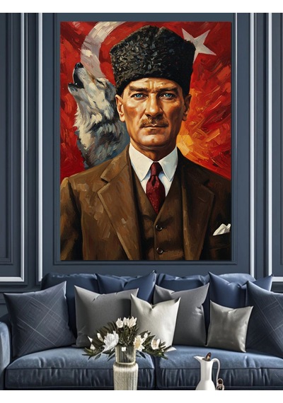 Bozkurt Ve Türk Bayraklı Atatürk Dekoratif Kanvas - Mdf Ahşap Tablo