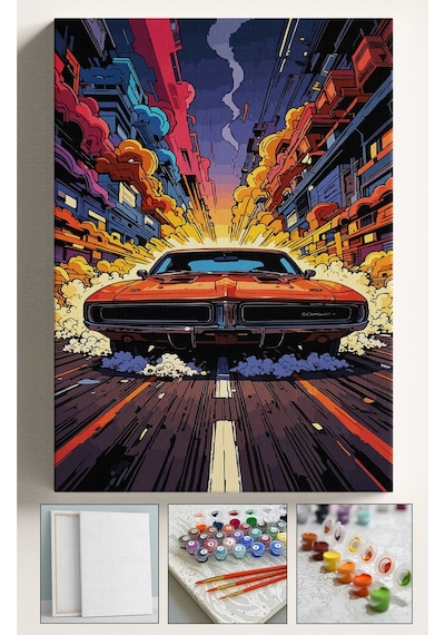 Sayılarla Boyama Seti Numaralı Tuval Fırça Boya Dahil Kasnaklı Set 40x50 Cm - Hızlı Araba