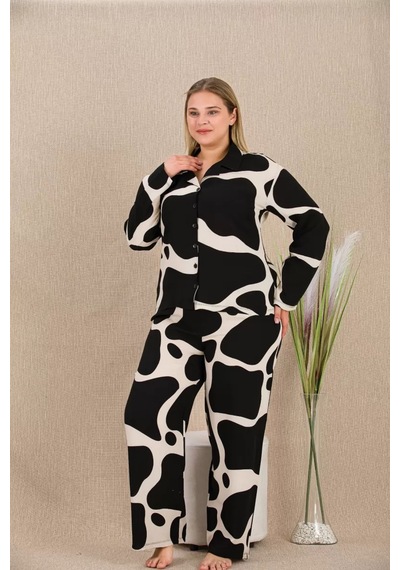 Naam Büyük Beden Siyah Beyaz Desenli Düğmeli Uzun Kol Viskon Pijama Takımı Çok Renkli