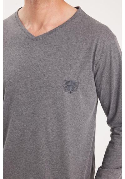 Tudors Erkek Standart Fit %100 Pamuk V Yaka Beli Lastikli Gri Pijama Takımı-37938 Gri