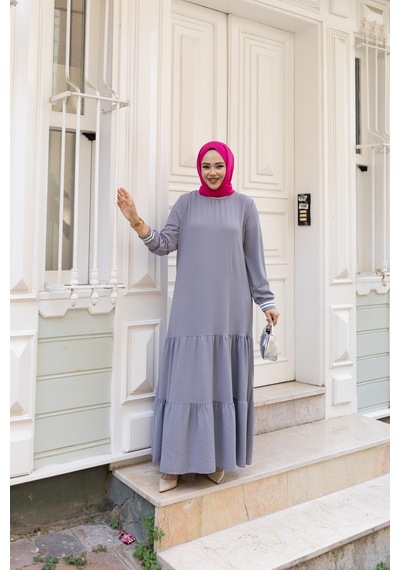 Hb Harma Time Butik Kadın Kat Kat Ribanalı Gri Tesettür Elbise