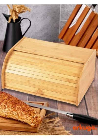 Bambu Ekmek Saklama Kutusu, Rulo Ekmek Kutusu, Ekmek Saklama Kabı, Ekmek Dolabı Kahverengi