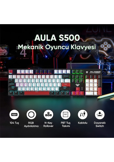 Aula S500 Blue Switch Rgb Makrolu Kablolu Gaming Mekanik Oyuncu Klavyesi Kırmızı
