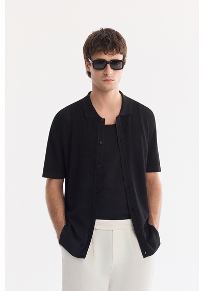 Avva Erkek Siyah Polo Yaka Önden Düğmeli Regular Fit Triko T-shirt A61y5017