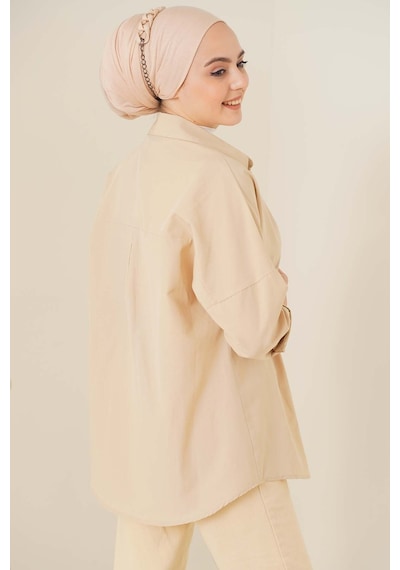 Bigdart 103901 Oversize Basic Tesettür Gömlek - Krem 001