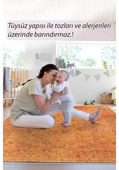 Folk Eskitme Desenli Dokuma Taban Dekoratif Hardal Halı Ba 15