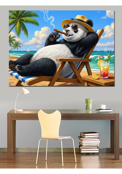 Kumsalda Güneş Gözlüklü Puro İçen Panda Dekoratif Kanvas - Mdf Ahşap Tablo