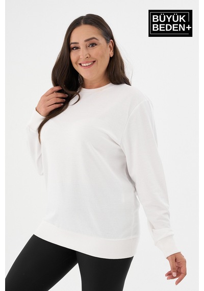 Süperlife Kadın Büyük Beden Bisiklet Yaka İnce Sweatshirt Spr24bswk56 Ekru