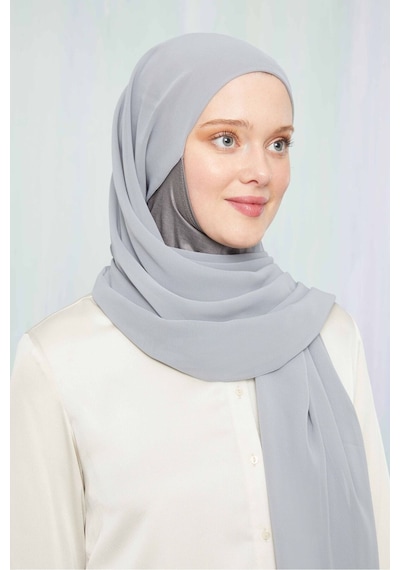 Melodi Scarf Kadın Tesettür Hijab Boneli Şifon Şal Açık Gri Açık Gri