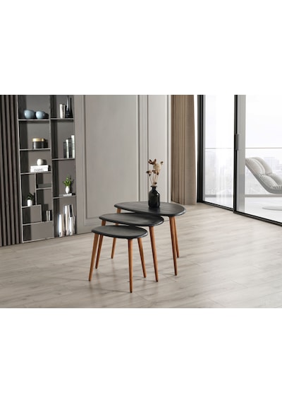 Masif Doğal Ahşap Zigon Sehpa 3'lü Set, Modern Siyah Yan Sehpa